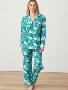 NWOT {Printfresh Studio} Organic Poplin Cotton Pajamas Pants, Fancy Cat, Green